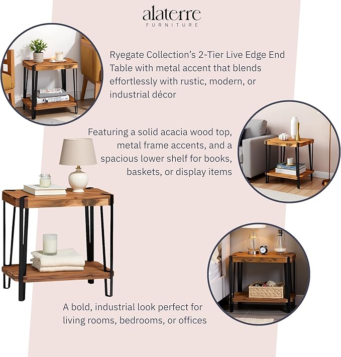 Ryegate Live Edge End Table with Storage – 2-Tier Solid Acacia Wood Side Table with Metal Frame and Lower Shelf – Industrial Accent Table for Living Room or Bedroom by Alaterre Furniture