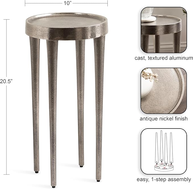 Kate and Laurel Rava Modern Metal Round Drink Table, 10 x 10 x 21, Antique Nickel, Cast Aluminum Accent Table for Use as Indoor Plant Stand or Living Room Decor Piece