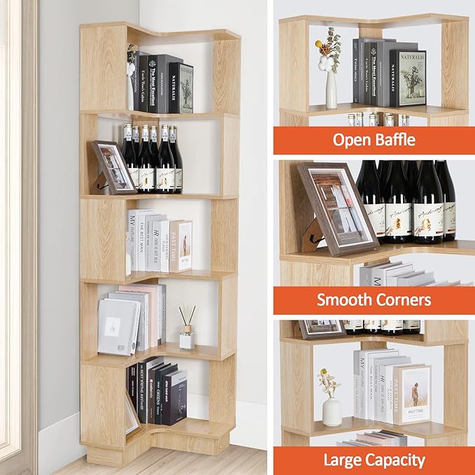 Wooden Corner Bookcase, 5 Tiers Corner Bookshelf 68.9" L-Shaped Storage Display Rack Tall Large Open Bookshelf with Fixture for Living Room Bedroom Study Office