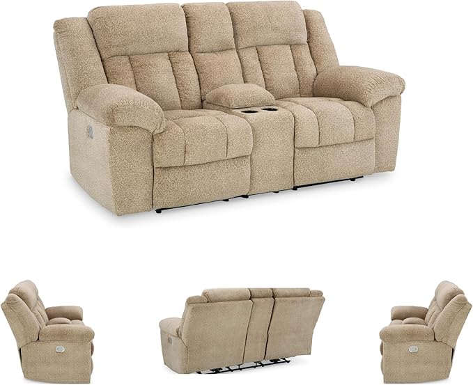 Signature Design by Ashley Tip-Off Classic Wall Hugger Power Reclining Loveseat with Adjustable Headrest, USB Ports, Storage and Cup Holders, Light Brown