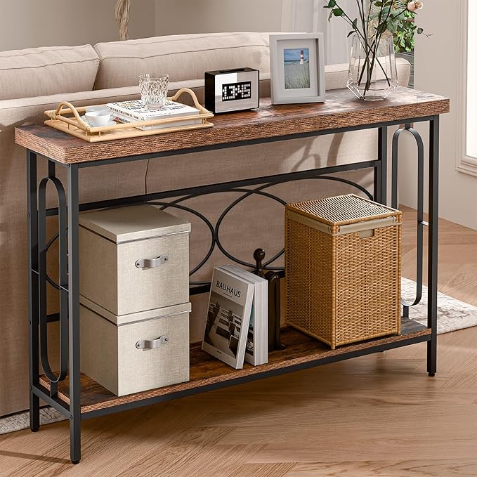 Industrial Console Table for Entryway, Rustic Console Table Behind Couch, 2 Tier Sofa Tables for Home Living Room, Hallway, Entrance, with Metal Frame(48 inches)