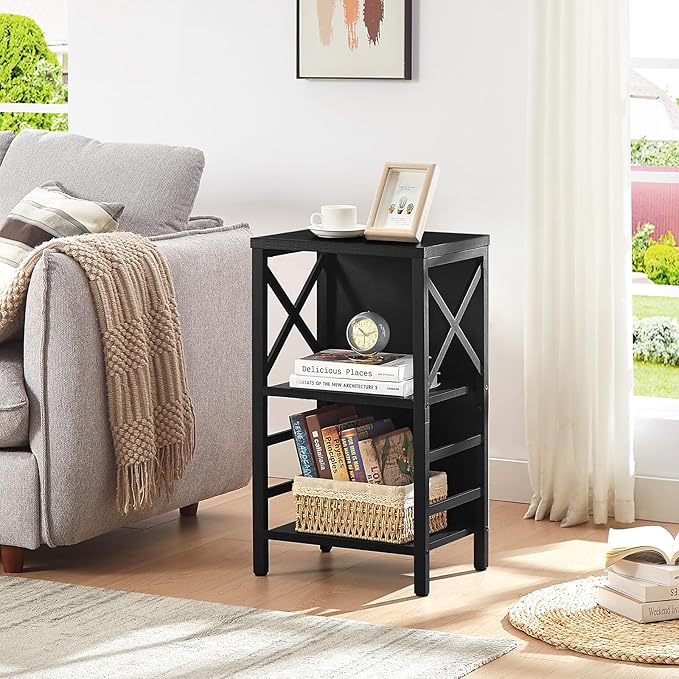 Small Bookshelf,3 Tier Industrial Bookcase with Metal Frame and Backboard,Low Black Book Shelf,Book case for Small Spaces,Living Room,Bedroom and Home Office