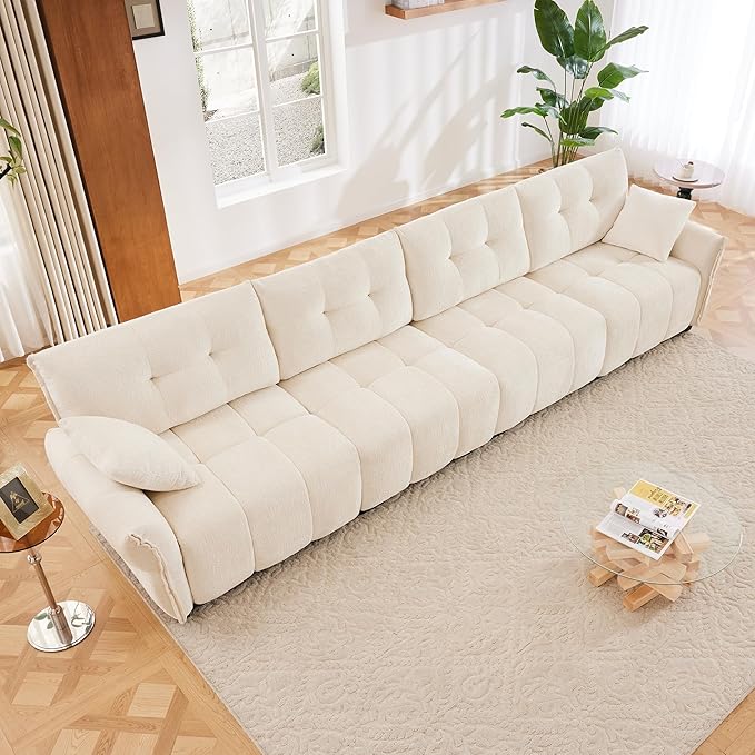 Modern Chenille Fabric 4-Seat Sofa w/ 2 Pillows, Premium Upholstery Living Room Couch with Tufted Backrest & Comfortable Armrests and High-Resilience Memory Foam Cushions,White