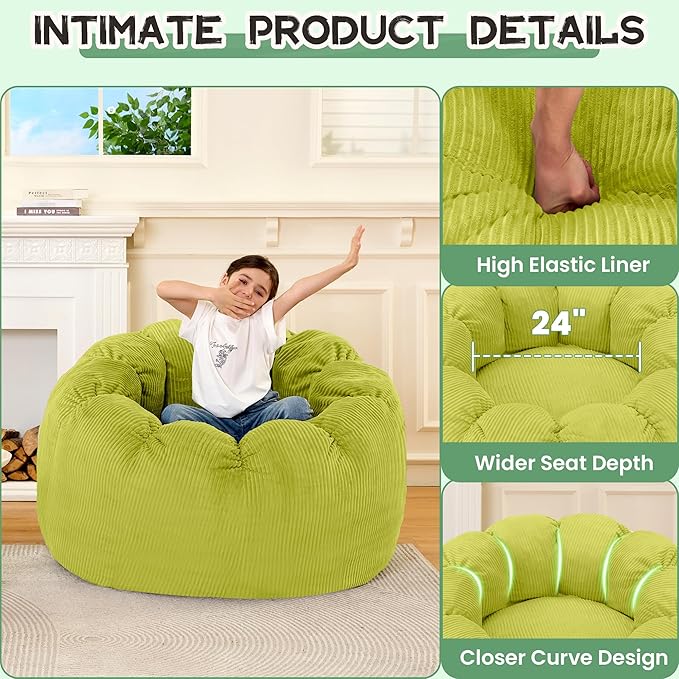 HABUTWAY Giant Bean Bag Chair for Adults/Kids/Teens, Pumpkin Bean Bag Couch Comfy Reading Chair for Bedroom, Corduroy Lazy Sofa Loughe Chair with Wider Seat Depth & Non-Slip Bottom(Light Green)