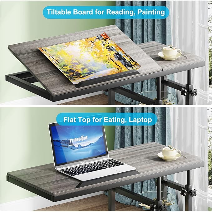 Tribesigns Height Adjustable C Table with Wheels, Mobile Couch Snack Side Table with Tiltable Drawing Board, Sofa Bedside Laptop Stand C Shaped TV Tray with Storage Shelves (Grey)