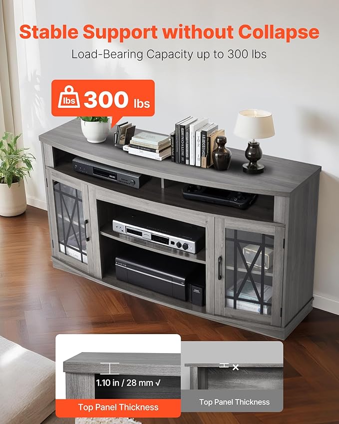 VEVOR TV Stand for TVs up to 65 inch, Farmhouse Entertainment Center with Light Strip, Wooden TV Cabinet Storage with Glass Doors and Adjustable Shelves, Console Table for Living Room, Bedroom, Gray