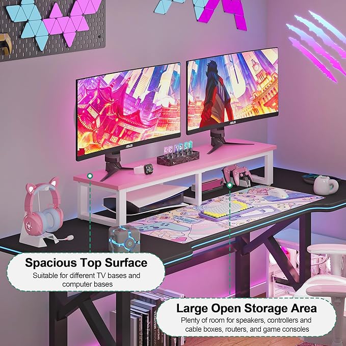 Clikuutory 45" Large TV Riser for 32-60 inch TVs, Tabletop Stand with Steel Legs, Storage & Dual - Screen Office Desk Function, Ideal for Home Office, Bedroom, Living Room, Pink