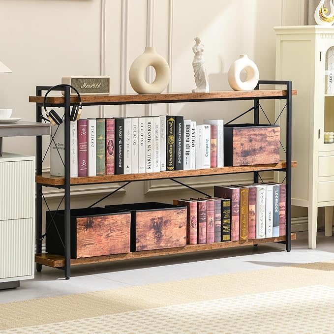 HCHQHS Bookshelf, 3-Tier Long Industrial Bookcase, Rustic Open Book Shelf, Freestanding Horizontal Bookshelves with Metal Frame
