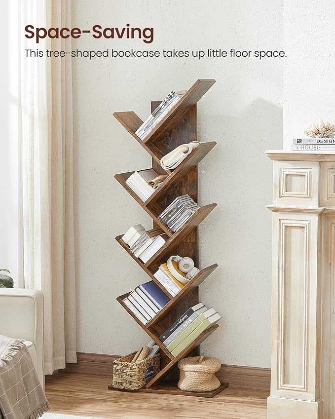 VASAGLE Bookshelf, Tree-Shaped Bookcase with 13 Storage Shelves, Rounded Corners & 9-Tier Floor Standing Tree Bookshelf, with Shelves for Living Room, Home Office, Rustic Brown ULBC11BX