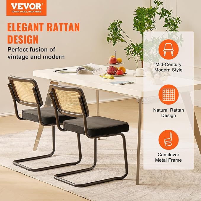 VEVOR Rattan Dining Chairs Set of 2, Mid Century Modern Dining Chair, Upholstered Velvet Accent Chair with Rattan Back, Retro Dining Room Kitchen Chair for Living Room, Bedroom(18.1 Inch)