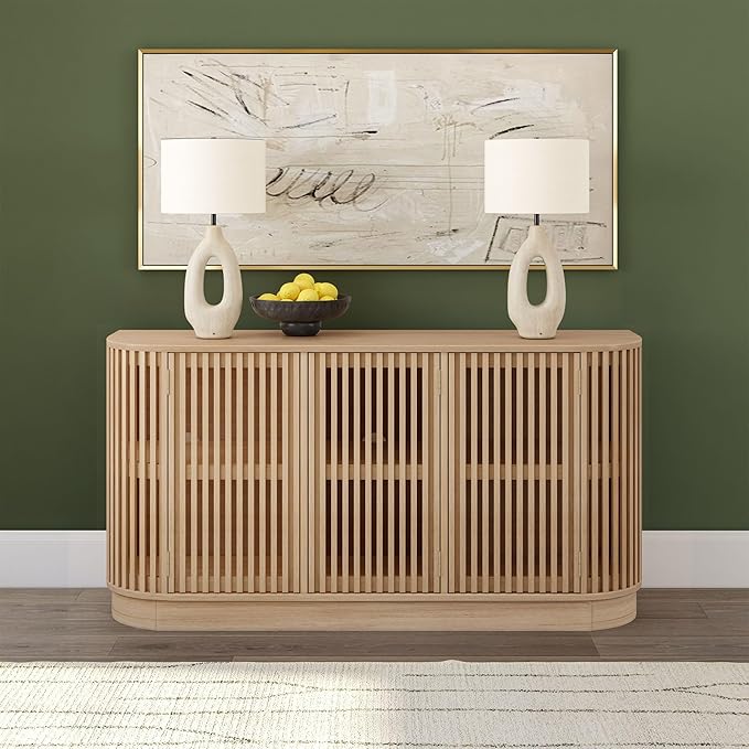 Plank+Beam Contour Wood TV Stand, Three Door Solid Wood Entertainment Console with Storage, 59" L x 16" W x 30" H, Blonde
