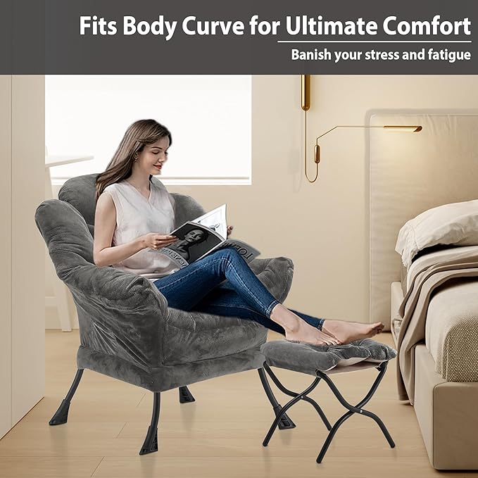 Lazy Chair with Folding Ottoman, Accent Chair Plush Upholstered with Metal Structure and Non-Slip Pads, Sofa Armchair with Footrest and Side Storage Bag for Dorm, Room, Office, Dark Gray