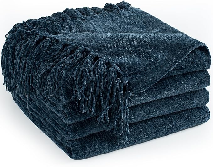 Chenille Throw Blanket for Couch 50"X 60", Soft Cozy Throws with Fringe Tassel for Bed Sofa Chair Cover, Lightweight Knitted Decorative Boho Blankets for Living Room, Navy Blue