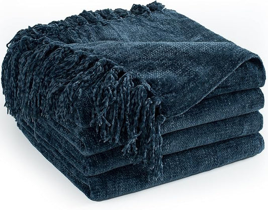 Chenille Throw Blanket for Couch 50"X 60", Soft Cozy Throws with Fringe Tassel for Bed Sofa Chair Cover, Lightweight Knitted Decorative Boho Blankets for Living Room, Navy Blue