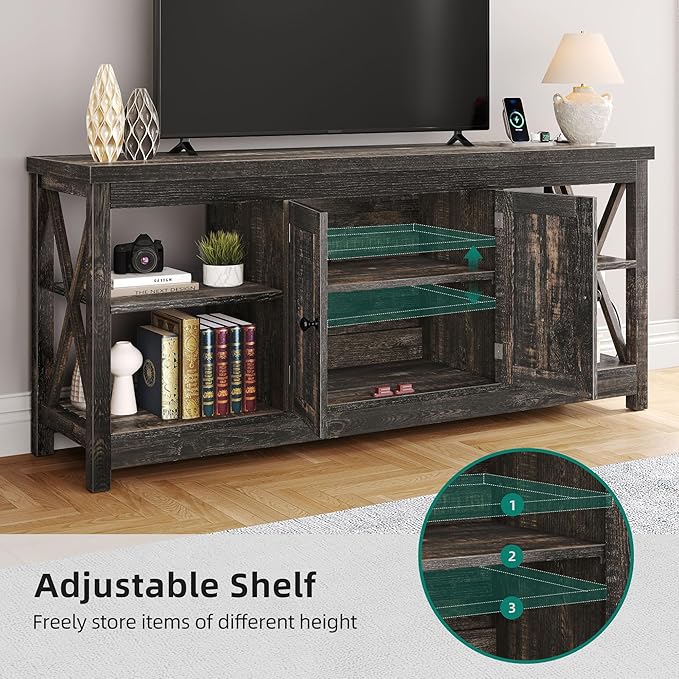 YITAHOME TV Stands for Living Room, Modern Entertainment Center with Power Outlet for Television up to 65 Inch, Farmhouse Media Console TV Cabinet with Adjustable Shelf & Open Shelves, Dark Rustic Oak
