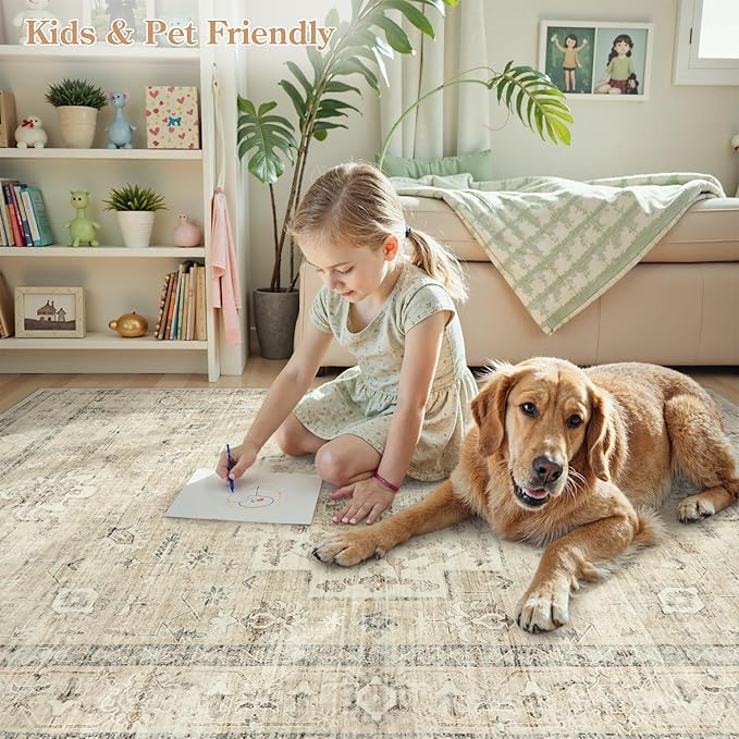 LIVEBOX Washable 2x6 Runner Rug for Bathroom, Non Slip Kitchen Mats for Floor Entryway, Boho Indoor Front Door Mat Low-Pile Runners for Hallways, Farmhouse Rugs for Bath Laundry, Tan