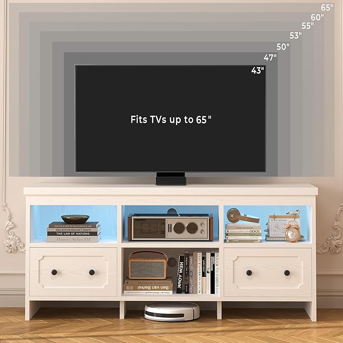 IRONCK TV Stand for 65 Inch TV, 55" LED Entertainment Center with Storage Cabinets, Power Outlets and Open Shelf, Media Console TV Cabinet with Drawers for Living Room, White