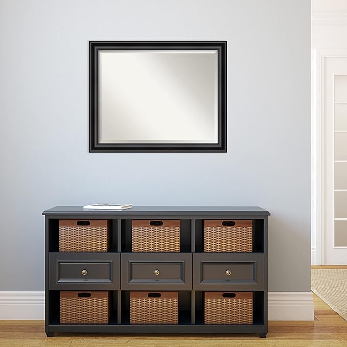 Amanti Art Black Bathroom Mirror for Over Sink, 26x32 Grand Black Narrow Rectangle Vanity Mirror, Large Casual Frame, Hangs Horizonally and Vertically, Bathroom Wall Decor, Beveled Edge