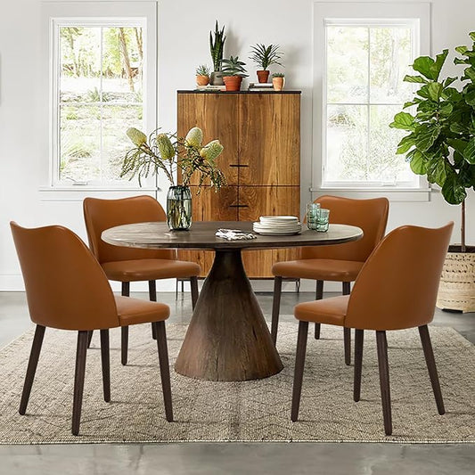 COLAMY Upholstered Dining Chairs Set of 4, Modern PU Leather Dining Room Kitchen Side Chair with Padded Seat and Wood Legs Restaurant/Cafe,Light Brown