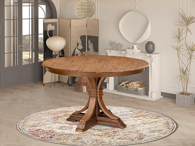 F57-0N-TP - Wooden Dining Table with Acacia Wood Round Tabletop, Antique Walnut Finish