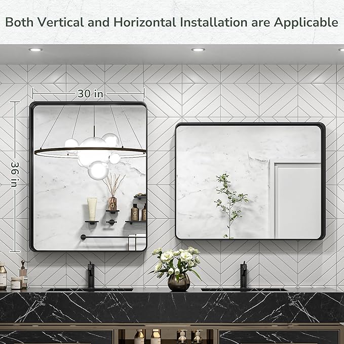 TokeShimi 30 x 36 Inch Black Bathroom Mirror for Wall Vanity Mirror with Non-Rusting Aluminum Alloy Metal Frame Rounded Corner for Modern Farmhouse Home Decor (Horizontal/Vertical)