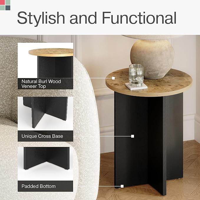 Round Accent Table for Living Room Furniture - 16-Inch Round Top, Burl Wood Veneer & Black Cross Base - Small Side & End Table & Nightstand