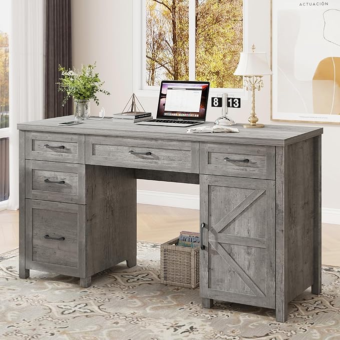 Farmhouse 61'' Executive Desk with 5 Drawers, Rustic Office Desk Computer Desk with Charging Station, File Drawers and Storage Cabinet, Wood Workstation for Study and Home Office,(Grey)
