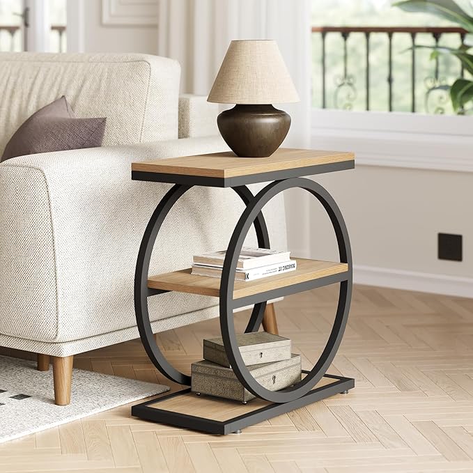 LITTLE TREE End Table Set 2, Side Table with 3-Tier Storage Shelves, Small Sofa Side Table for Living Room, Wooden Side End Table with Double Round Metal Legs, Slim Nightstand and Bedside Table, Oak