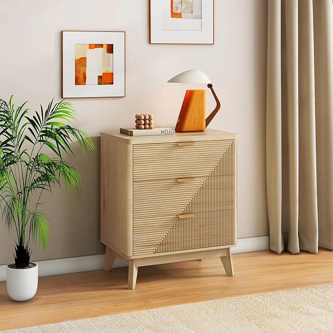 3 Drawer Fluted Nightstand for Bedroom, Modern Wood Chest of Drawers with Curved Profile, Fluted Dresser & Wood Drawer Organizer for Bedroom and Hallway