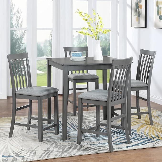 KEIKI 5-Piece Counter Height Dining Table Set with Square Table and 4 Upholstered Vertical Slatted Backrset Chair, for 4 Person, Modern Wooden Table Set, Easy Assembly, for Kitchen, Dining Room, Gray