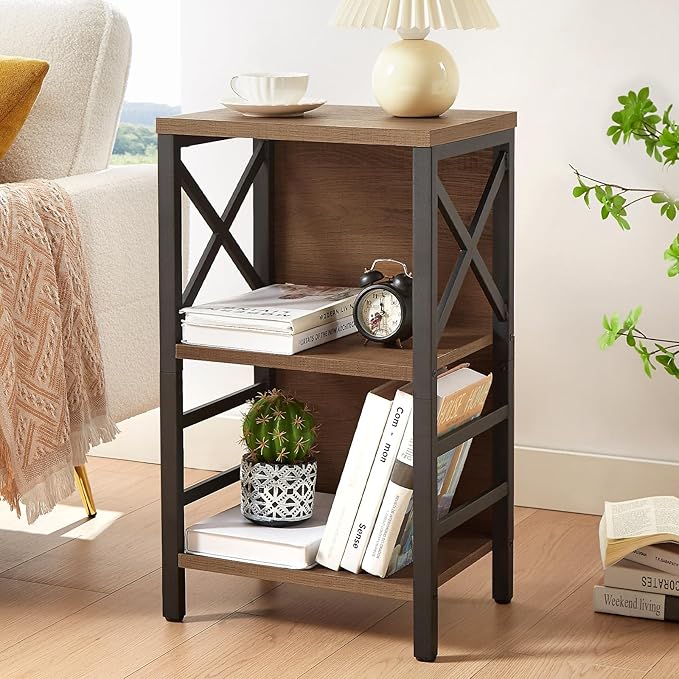 Small Bookshelf,3 Tier Industrial Bookcase with Metal Frame and Backboard,Low Rustic Brown Book Shelf,Book case for Small Spaces,Living Room,Bedroom and Home Office