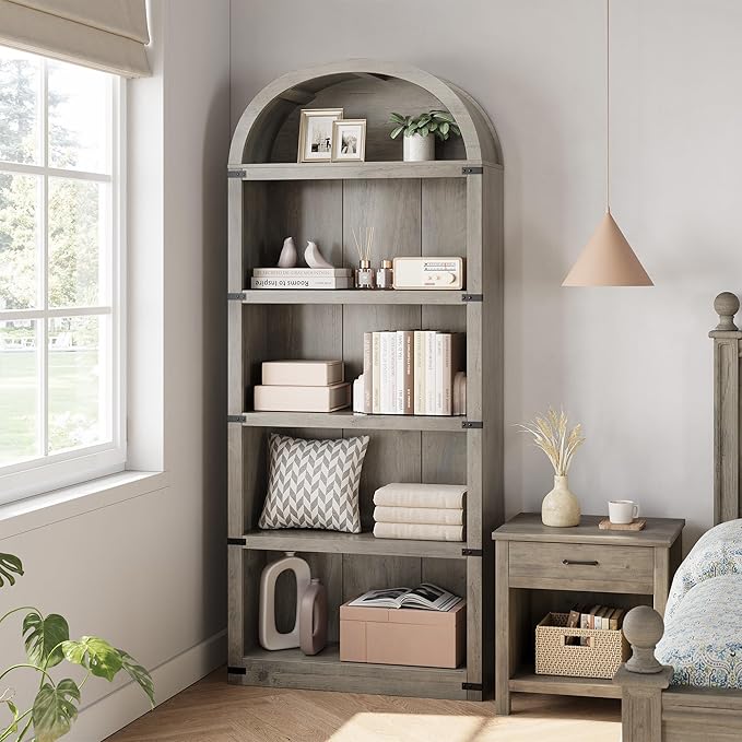 GarveeHome Bookcase 5 Shelf Arched Bookshelf 71.65in Tall Bookcase Farmhouse Display Storage Rack Wooden Bookshelves for Home Office, Living Room (Rustic Gray)