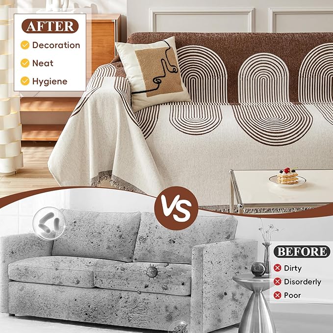 STACYPIK Boho Chenille Couch Cover for Pets, Khaki Striped Sofa Cover for 2 Cushion Couch, Non Slip Furniture Protector, Tassels Geometric L Shaped Couch Cover for Dogs Cat Loveseat Slipcover-71x118IN