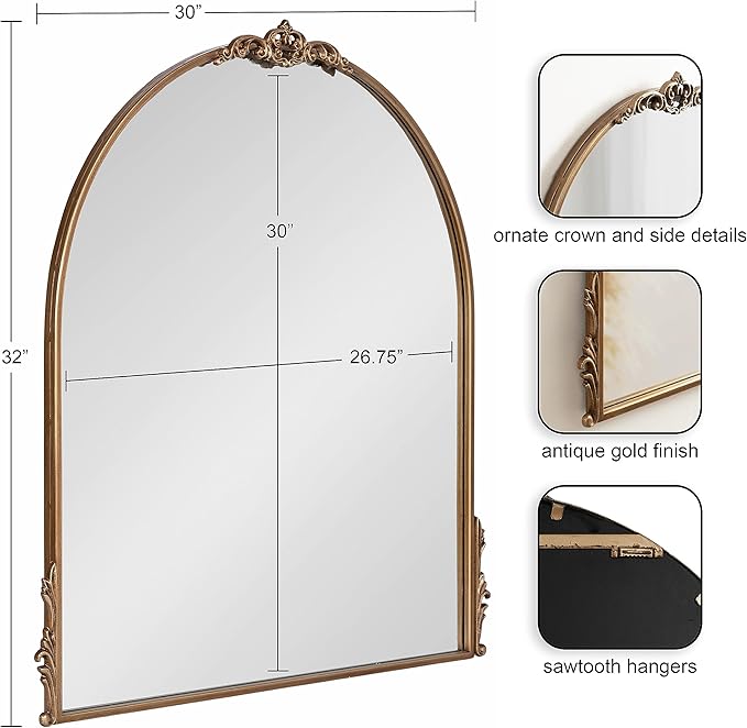 Kate and Laurel Myrcelle Traditional Arched Mirror; 30 x 32; Antique Gold; Decorative Large Vintage Arch Mirror with Ornate Garland Detailing Along The Crown and Edges of The Frame