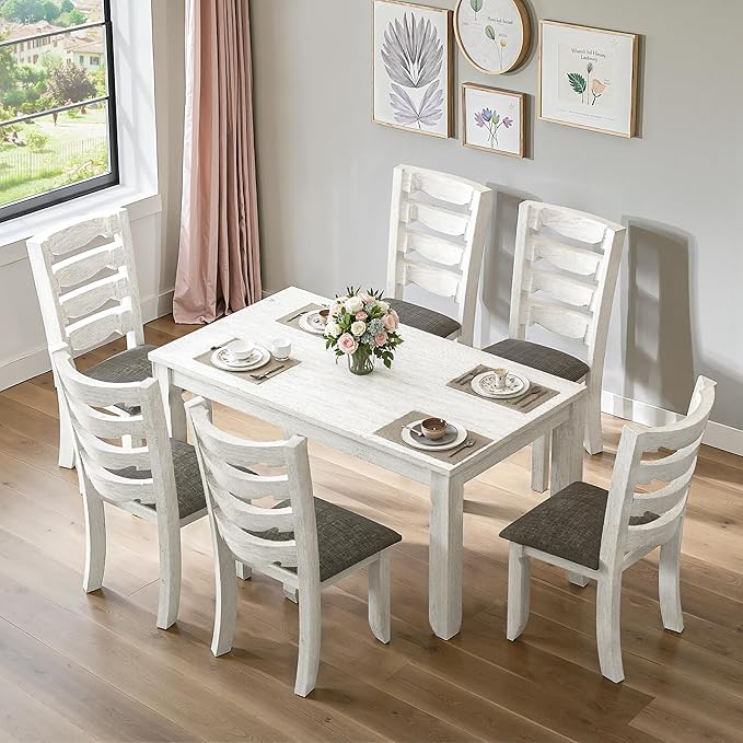 7-Piece Solid Wood Dining Table Set with 6 Upholstered Chairs - Easy Assembly Modern Design for Kitchen & Small Spaces, Durable Wooden Table and Chairs for Dining Room, Kitchen, Light Grey