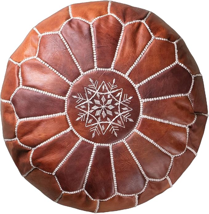 Stuffed Round Design Moroccan Leather Pouf Ottoman, Handmade, Pre-Filled, 100% Genuine Leather, 13” Height x 20” Diameter, Footstool & Living Room Décor (Dark Tan)