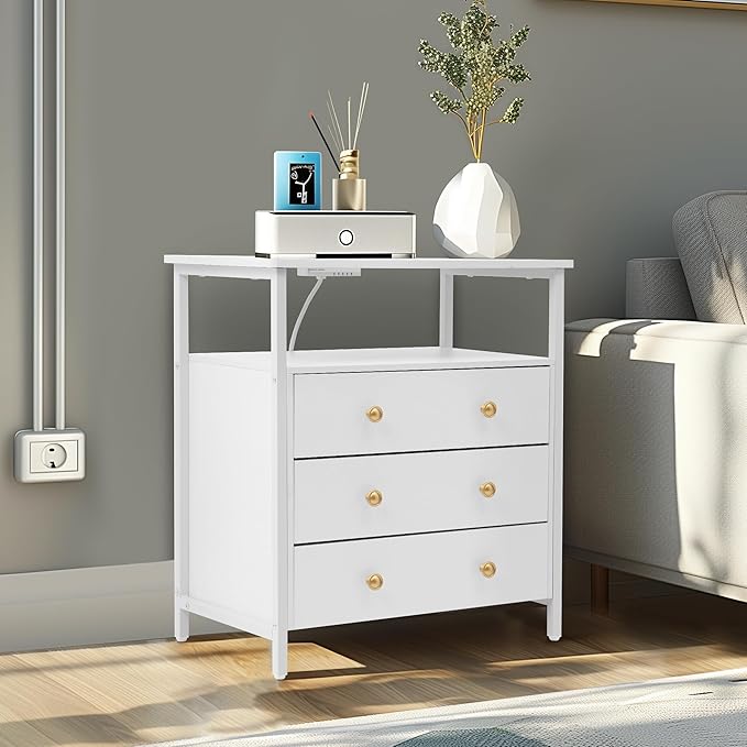 3 Wooden Drawers Night Stand, 27 Inch Wide Nightstand with Charging Station and Adjustable Drawers, Bedside Table for Living Room/Bedroom/Office, White.