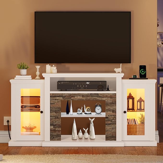 YITAHOME Modern TV Stand for 65 Inch TV, LED Entertainment Center with Power Outlets, Media Console TV Cabinet with Adjustable Shelves & Glass Door for Living Room, White, 59'' TV Stand