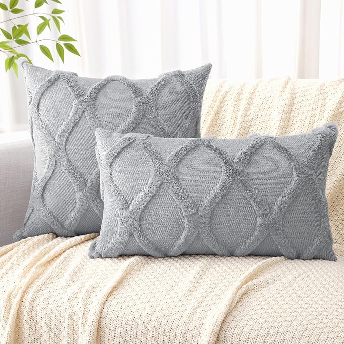 decorUhome Throw Pillow Covers 16x16 Inch Set of 2, Soft Plush Faux Fur Wool Grey Couch Pillow Covers, Decorative Neutral Pillow Cases for Bed Sofa Living Room Home Decor