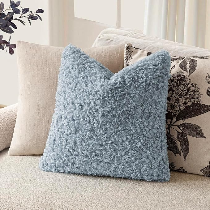 Foindtower 2 Pieces 16x16 Inch Misty Blue,Faux Fur Throw Pillow Cover Accent Sherpa Furry Pillow Covers Fuzzy Soft Pillowcases Cozy Sheepskin Decorative Fleece Cushion Case for Bed Couch Living Room