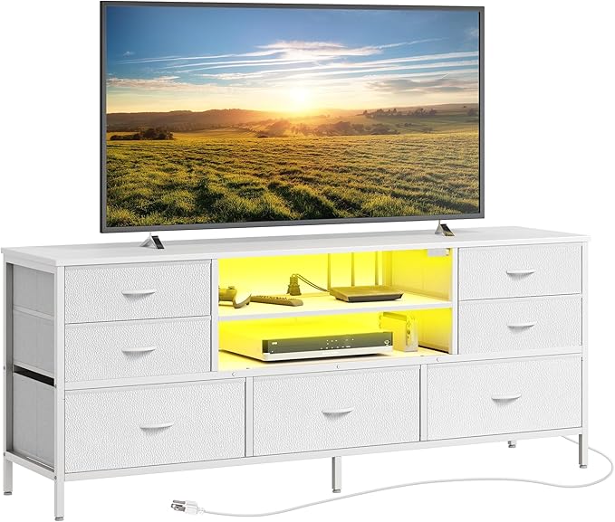 Huuger Dresser for Bedroom With Power Outlets and LED Lights, 7 Drawers TV Stand for 60 Inch TV, Console With Open Shelf, 55 Inches Wide White, PU Leather