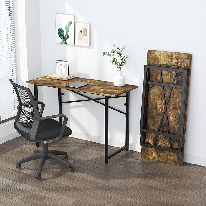 47 inch Folding Computer Desk, Writing Gaming Computer Camping Table, No Assembly Required Home Office Desk, Rustic Brown