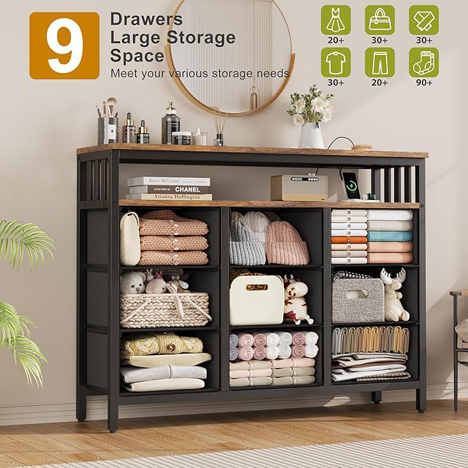 9 Drawer Dresser TV Stand up to for 50” TV with LED Lights & Power Outlets, Entertainment Center with Open Shelf, Media Console, Large Storage Dresser for Bedroom (Rustic Brown)