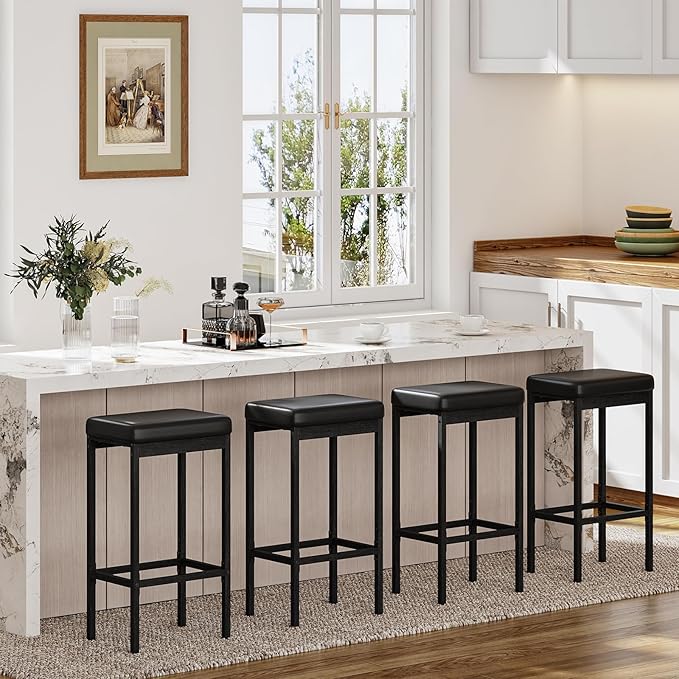 HOOBRO Bar Stools, Set of 2 Bar Chairs, 24.8-Inch Height Stools, Breakfast Bar Stools, Kitchen Stools, 2" Thick Upholstery, for Kitchen, Dining Room, Cafe, Bar Counter, Black BB21BY01