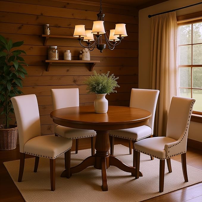 Set of 4 Beige Upholstered Dining Chairs – Farmhouse Kitchen Chairs with High Back, Solid Rubberwood Legs, Padded Foam Seat & Bronze Nailhead Trim, Comfortable Dining Room Chairs for Home, Living Room
