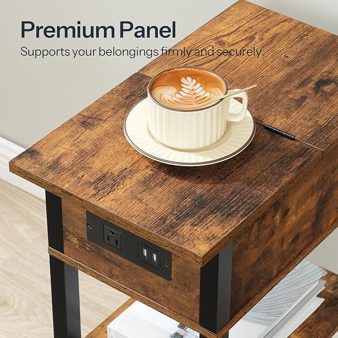 HOOBRO End Table with Charging Station, Flip Top Side Table with USB Ports, Narrow Nightstand Bedside Tables with Storage Shelves, for Small Space, Living Room, Rustic Brown and Black BF141UBZ01