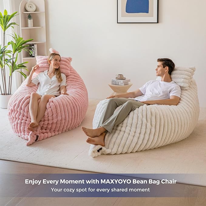 MAXYOYO Giant Bean Bag Chair with Pillow, 3 in 1 Convertible Bean Bag Chair for Adults with Washable Cover, Removable Floor Cushion Stuffed Floor Lounger for Living Room Bedroom, Pink