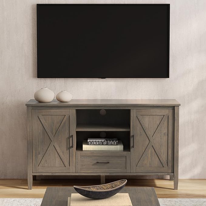 SIMPLIHOME Ela Solid Wood 53 inch Wide Transitional TV Media Stand in Smoky Brown for TVs up to 60 inches for The Living Room and Entertainment Center