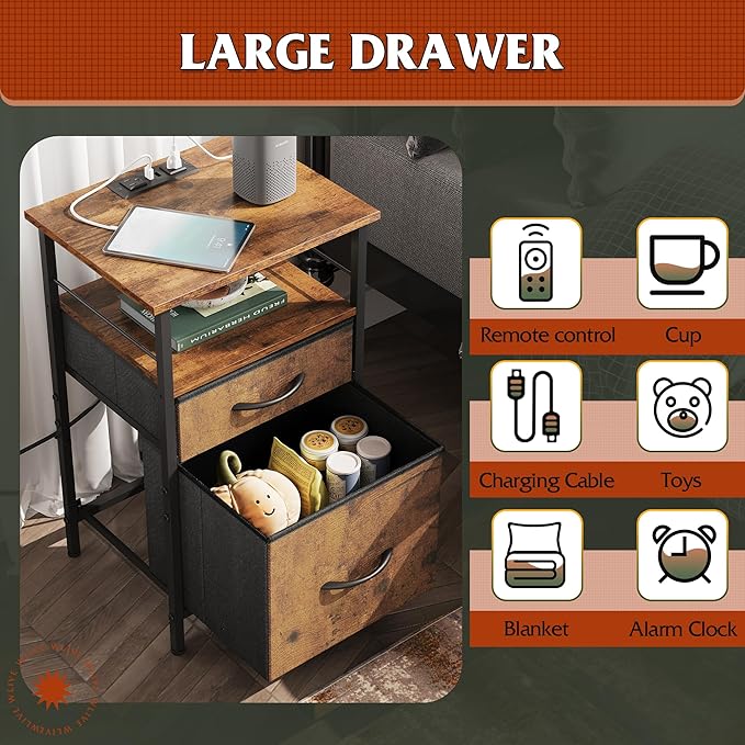 WLIVE Nightstand with Charging Station, End Table with 2 Fabric Drawers for Storage, Small Bedroom Dresser, Bed Side Table, 2 USB Ports and 2 Outlets, Easy Assembly, Rustic Brown