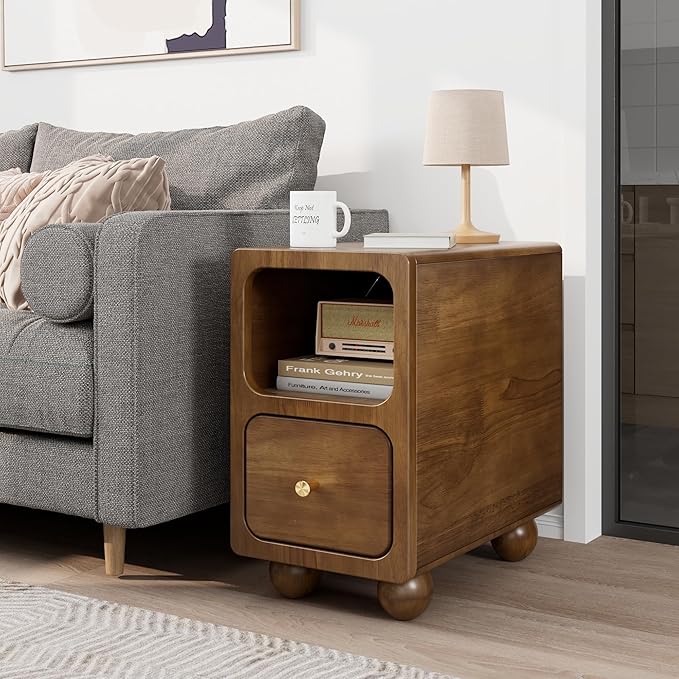 Solid Wood Nightstand, Narrow Night Stand with Drawers, Walnut Mid Century Modern Nightstand, Small Beside Table with Open Storage Shelf for Bedroom (10 inch)